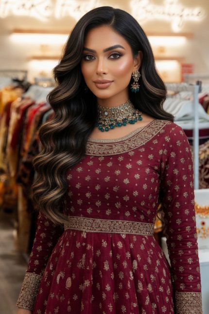 Asim Jofa Luxury Jacquard Gown In Maroon 201367 02