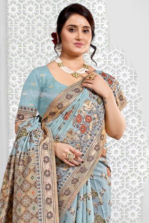 Cotton Mix Saree In Blue 600551 02