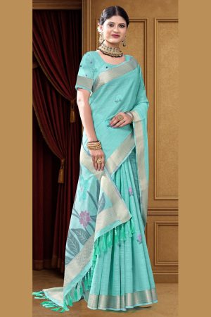 Cotton Mix Saree In Cyan 600505 01