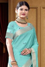 Cotton Mix Saree In Cyan 600505 02