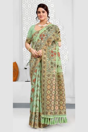 Cotton Mix Saree In Green 600553 01