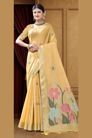 Cotton Mix Saree In Yellow 600506 01