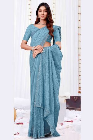 Designer Silk Saree In Cyan 600537 01