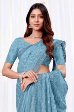 Designer Silk Saree In Cyan 600537 02