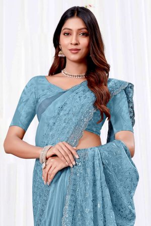 Designer Silk Saree In Cyan 600537 02