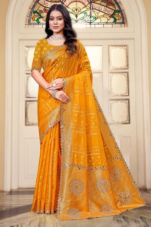 Designer Silk Saree Mirror Work In Yellow 600443 01
