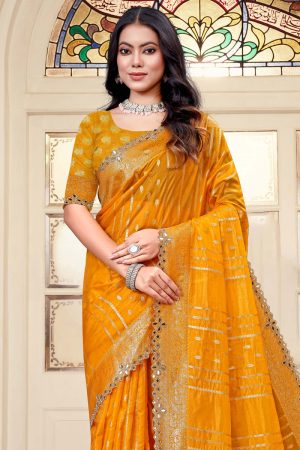 Designer Silk Saree Mirror Work In Yellow 600443 02