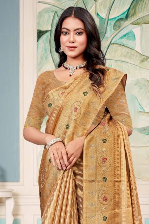 Designer Silk Saree Stone Work In Beige 600414 02
