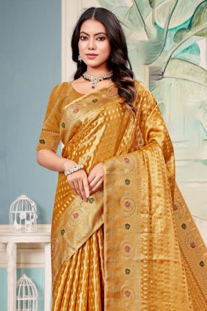 Designer Silk Saree Stone Work In Golden 600415 02