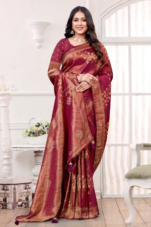Designer Silk Saree Stone Work In Maroon 600413 01