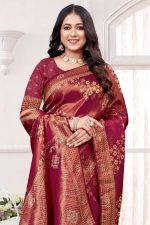 Designer Silk Saree Stone Work In Maroon 600413 02