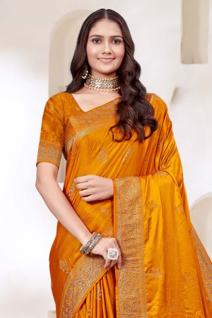 Designer Silk Saree Stone Work In Orange 600453 02