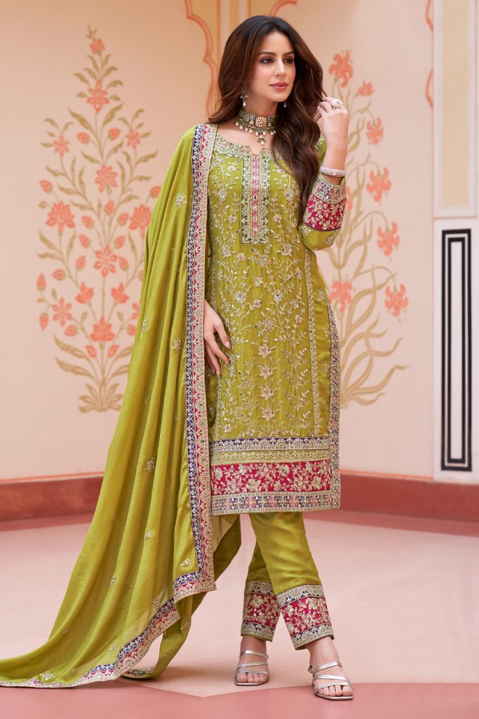 Embroidered Chiffon Salwar Suit In Green 202042 01