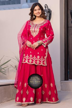 Embroidered Chiffon Salwar Suit In Red 202019 01