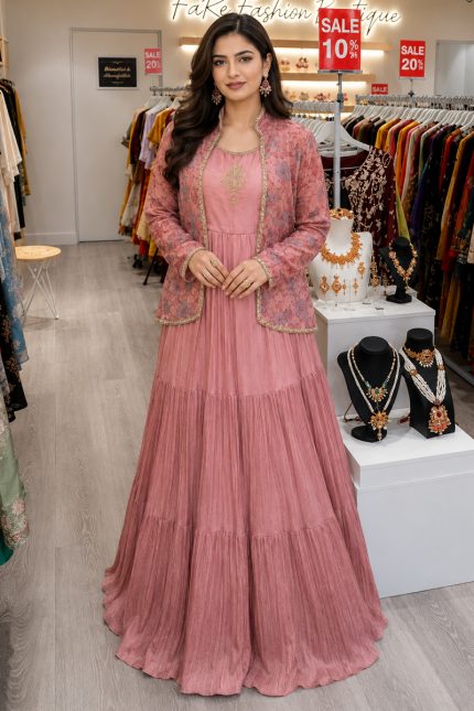 Embroidered Chinon Silk Gown In Pink 201993 001