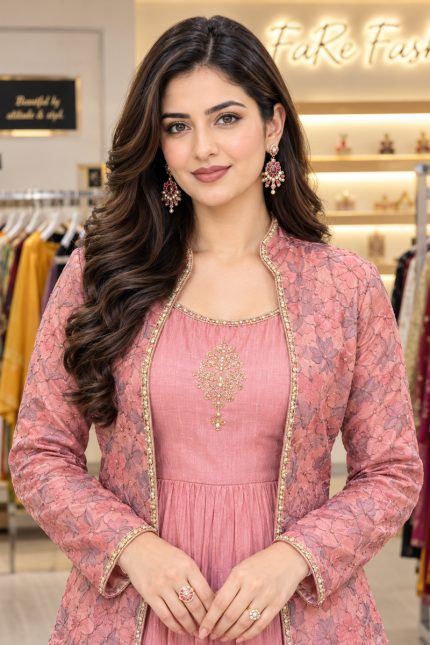 Embroidered Chinon Silk Gown In Pink 201993 002