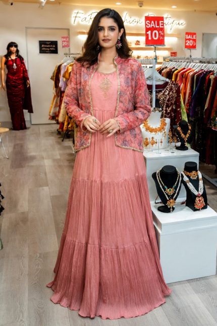 Embroidered Chinon Silk Gown In Pink 201993 01