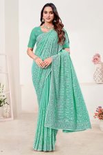 Embroidered Designer Georgette Saree In Green 600461 01