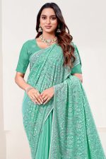 Embroidered Designer Georgette Saree In Green 600461 02