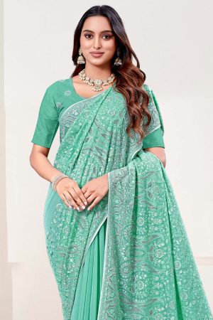 Embroidered Designer Georgette Saree In Green 600461 02