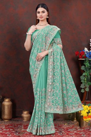 Embroidered Designer Georgette Saree In Green 600463 01