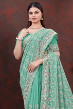 Embroidered Designer Georgette Saree In Green 600463 02