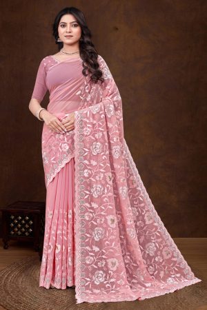 Embroidered Designer Georgette Saree In Pink 600418 01