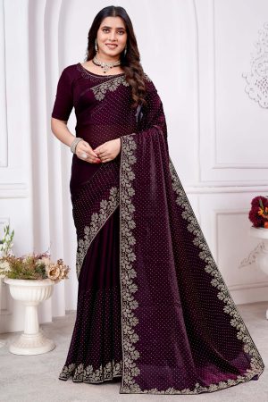 Embroidered Designer Georgette Saree In Purple 600427 01