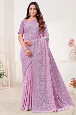 Embroidered Designer Georgette Saree In Purple 600460 01