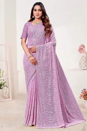Embroidered Designer Georgette Saree In Purple 600460 01