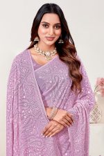 Embroidered Designer Georgette Saree In Purple 600460 02