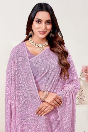 Embroidered Designer Georgette Saree In Purple 600460 02