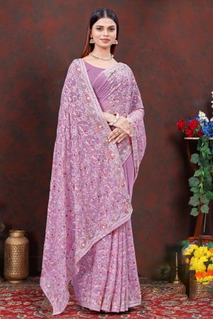 Embroidered Designer Georgette Saree In Purple 600464 01