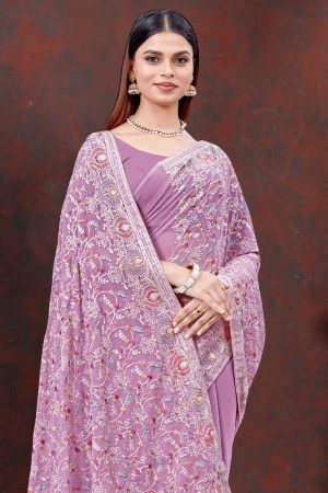 Embroidered Designer Georgette Saree In Purple 600464 02