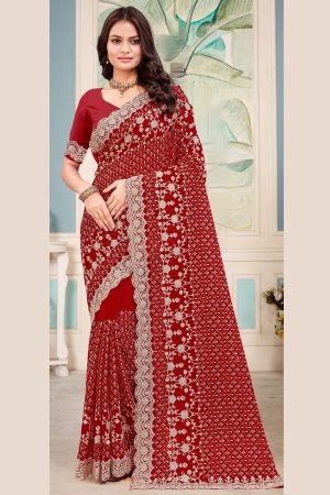 Embroidered Designer Georgette Saree in Maroon 600382 01