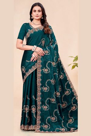 Embroidered Designer Organza Saree In Green 600540 01