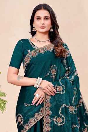 Embroidered Designer Organza Saree In Green 600540 02