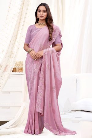 Embroidered Designer Organza Saree In Pink 600454 01