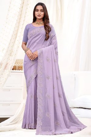 Embroidered Designer Organza Saree In Purple 600455 01