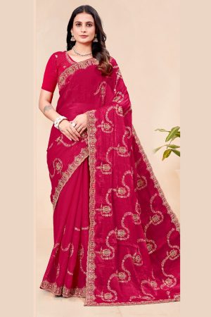 Embroidered Designer Organza Saree In Red 600539 01