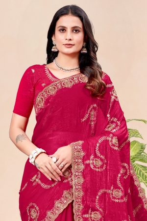 Embroidered Designer Organza Saree In Red 600539 02