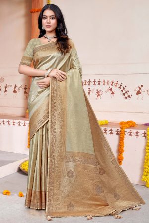 Embroidered Designer Silk Saree In Golden 600458 01