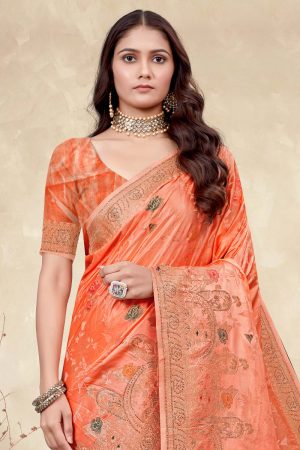 Embroidered Designer Silk Saree In Orange 600397 02