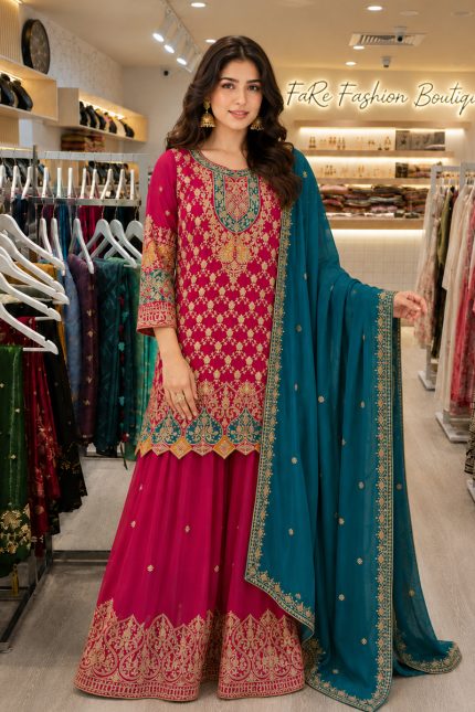 Georgette Sharara Salwer Suit In Maroon 202073 01