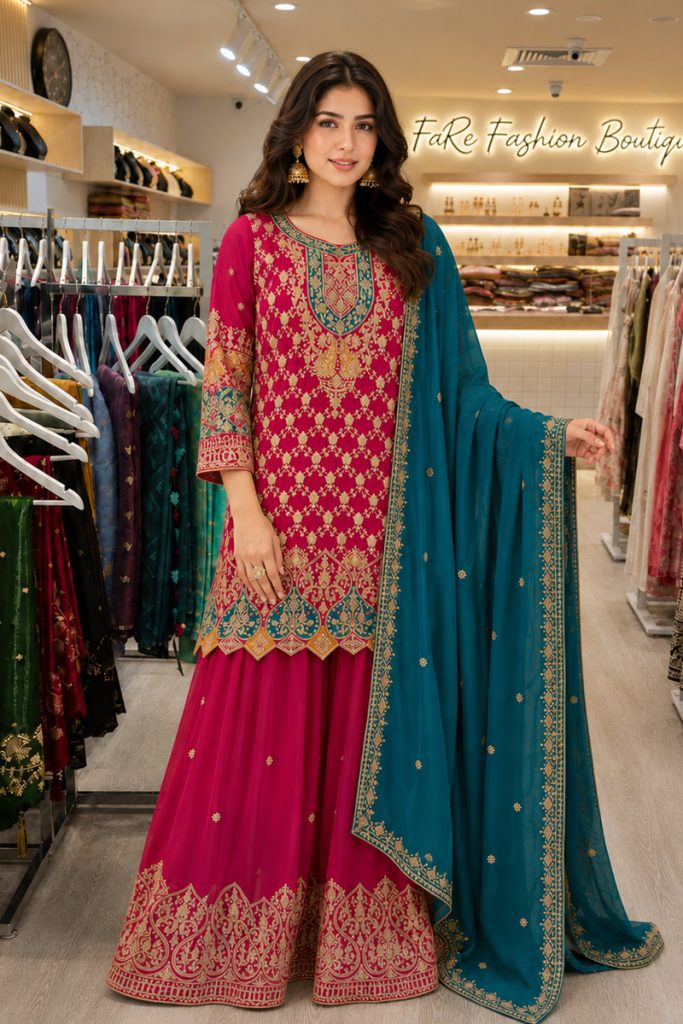 Georgette Sharara Salwer Suit In Maroon 202073 01