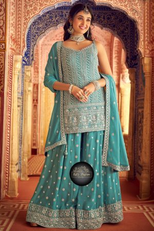 Silk Salwar Suit In Cyan 202048 01