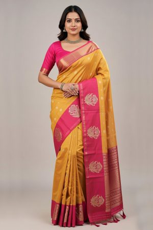 Silk Saree In Yellow 600695 01