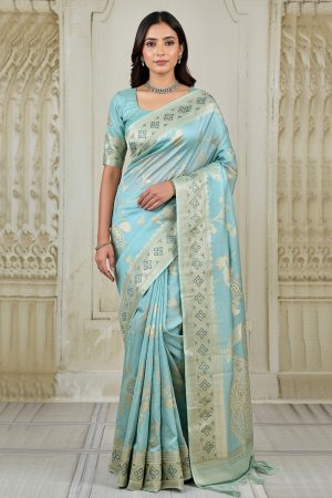 Designer Silk Saree In Cyan 600650 01