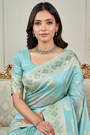 Designer Silk Saree In Cyan 600650 02