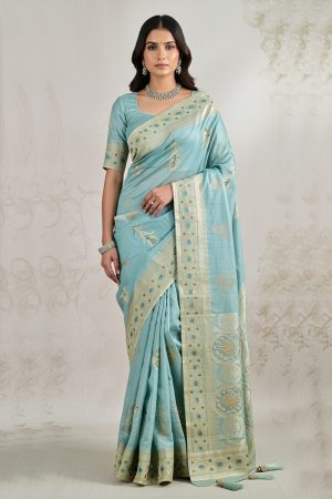 Designer Silk Saree In Cyan 600743 01